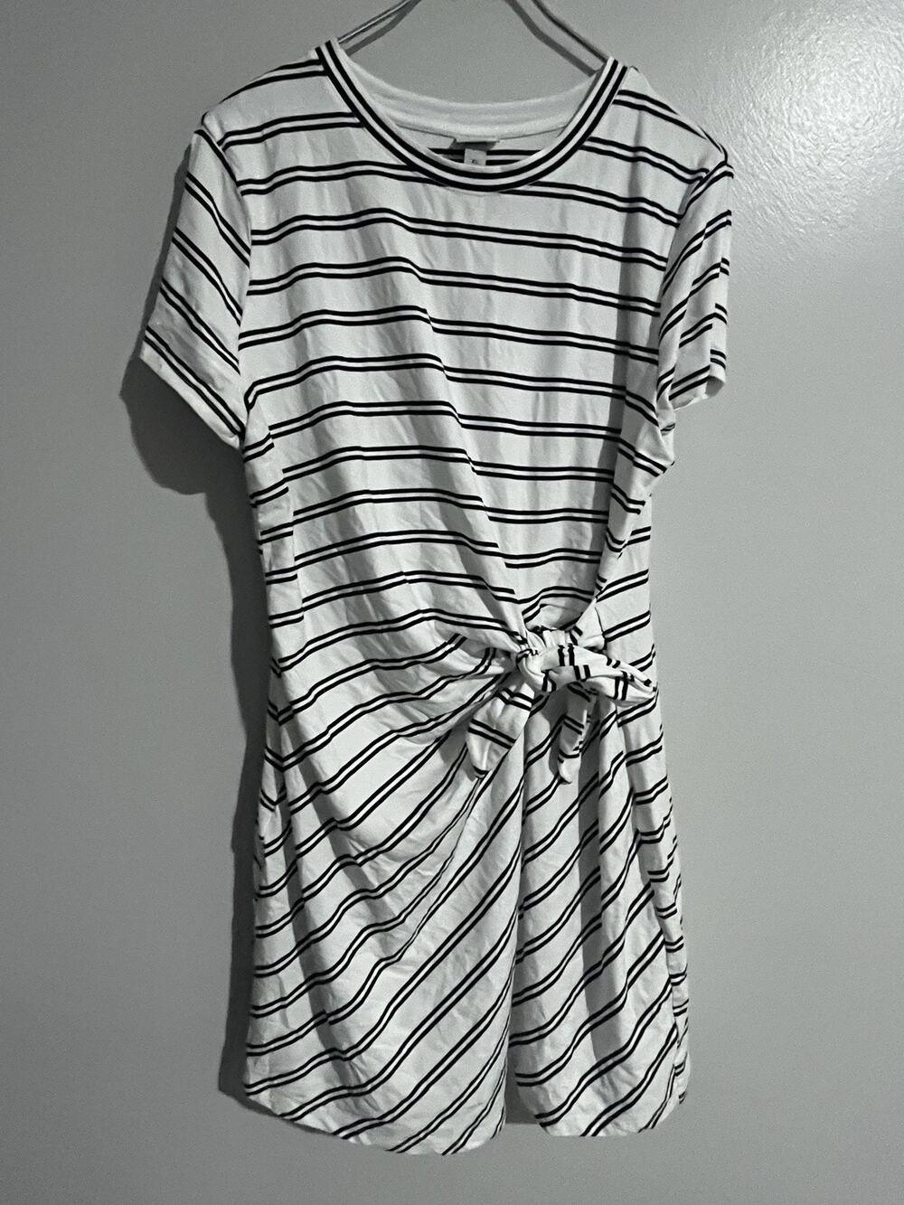 A New Day Dress Womens XL White Striped T-Shirt Dress Belted Tie Front